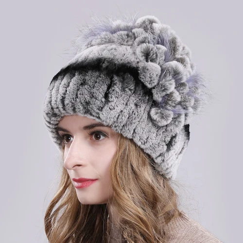 color 17 Новые русские Женские Настоящий мех кролика Skullies шапки Роскошные вязаные цветы натуральная шапка из меха кролика рекс зимние натуральный мех шапочки - Цвет: color 17