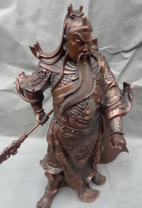 

JP S0608 20" Chinese Pure Bronze Dragon Head Warrior Stand GuanGongYu God Up Hand Statue B0403