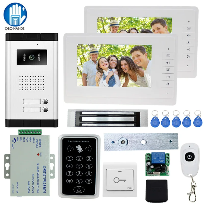 

Wired 7" Video DoorBell intercom Entry System 2 Monitor+1 RFID Access IR 700TVL Camera+Electric Control Door Lock+Remote Control