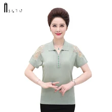ASLTW женские футболки плюс Размеры с кружевными рукавами футболка-поло Для женщин Сплошной короткий рукав Футболка Для женщин тонкий летний топ
