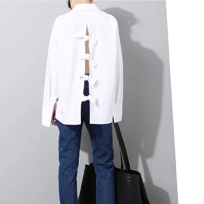 

women shirts blouses of korean style and tops with buttons big size plus white bow ruffle open back short front long back shirt