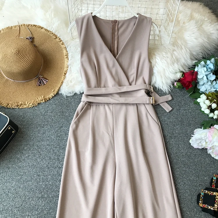 Sleeveless V-Neck High Waist Sashes Wide Leg Jumpsuit | Uniqistic.com