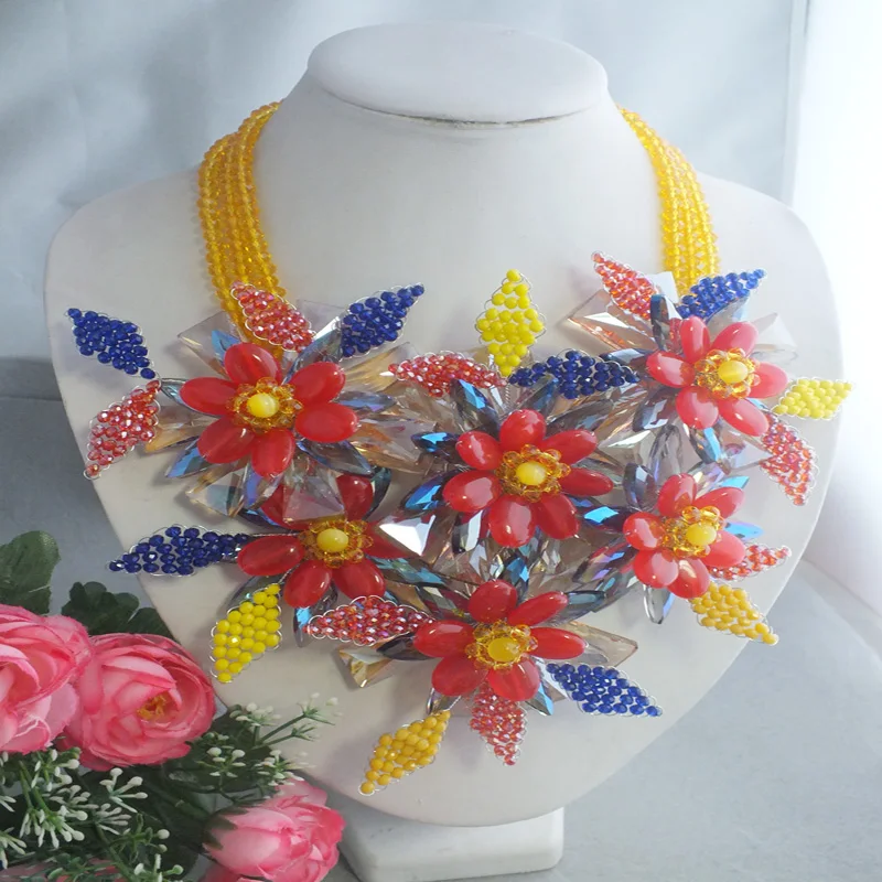 

458OU W-5389 Newest African Wedding Red Natural stone Flower Necklace For Fashion Women