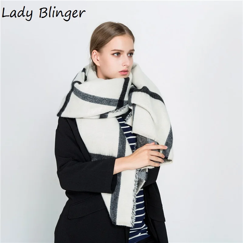 Леди Blinger черный белый большой размер плед двусторонний шаль и обертывания теплые зимние толстые кашемировые шарфы