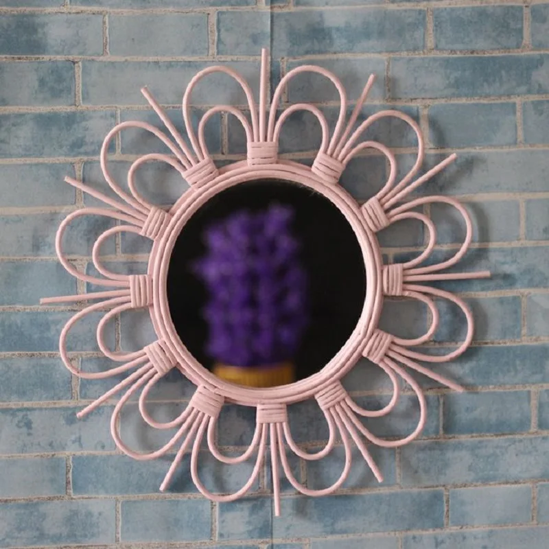 Vintage nórdico francés hecho a mano de bambú ratán colgante de pared espejo decoración del hogar sunburst espejo mediados siglo maquillaje espejo antiguo