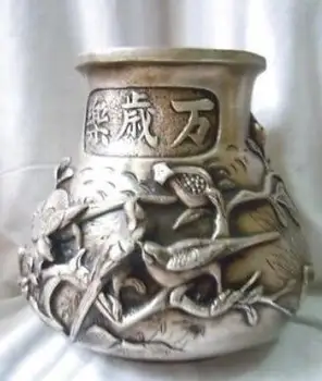 

Tibet silver carved pied magpie plum blossom Vase Sculpture Statue