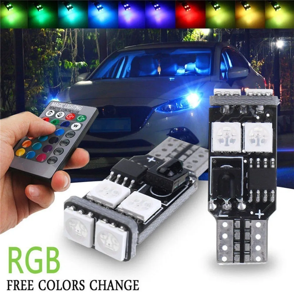 

AMADFJD 2Pcs T10 W5W 6 SMD 5050 RGB LED Light Car Wedge Interior Dome Side Reading Bulbs With Remote Control