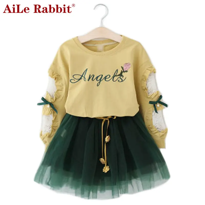 2 шт. Детский костюм с юбкой и кружевом цветочным принтом|autumn suit|girls clothingkids autumn |