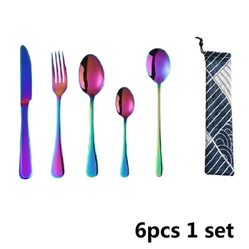 

6pcs/set Portable Travel Cutlery Set Rainbow Flatware set Stainless Steel Dinnerware Knife Fork Teaspoon Chopstick Ice spoon Bag