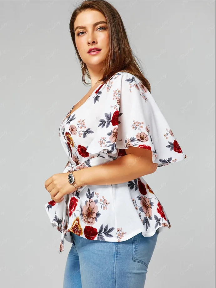Floral Plus Size Belted Surplice Peplum Blouse Women Tops V-neck Cusual Clothes 3XL 4XL 5XL