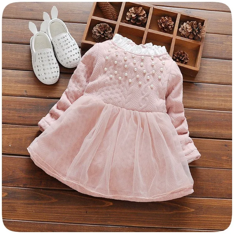 Kids Baby Girls Long Sleeve Flouncing Solid Patchwork Dress Party Casual Tutu SP