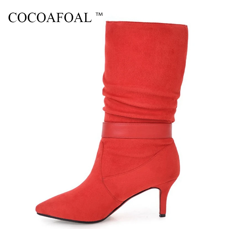 

COCOAFOAL Woman Winter Crystal Ankle Boots Plus Size 33 43 Black Butterfly Knot Martin Boots Fashion Sexy Red High Heeled Shoes