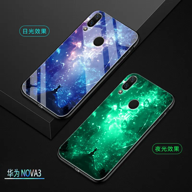 Светящийся яркий Чехол для huawei Nova 3, 6,3 дюймов, задняя крышка из закаленного стекла для huawei Nova 3, силиконовый чехол для телефона