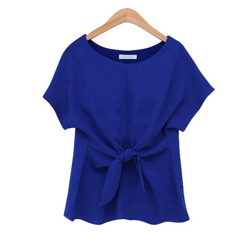 

Summer Fashion Short Sleeve Chiffon Shirts Women Blouses Female Elegant Bandage Ties Bow Office Ladies Tops O-neck Slim Tees