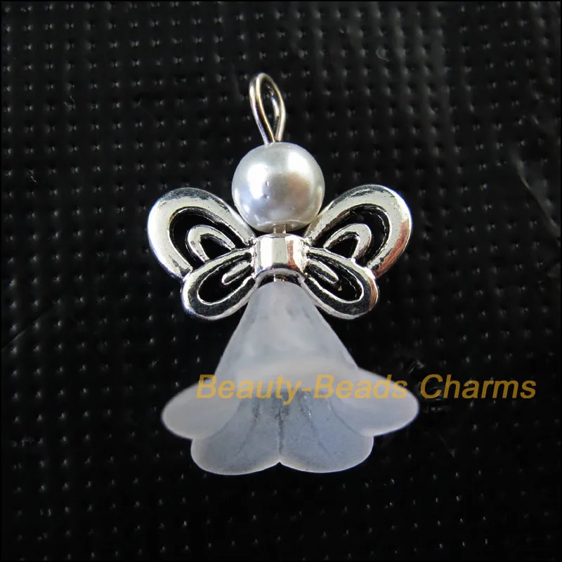 6Pcs Silver Plated Wings White Heart Dancing Angel Charms Pendants 22x30mm