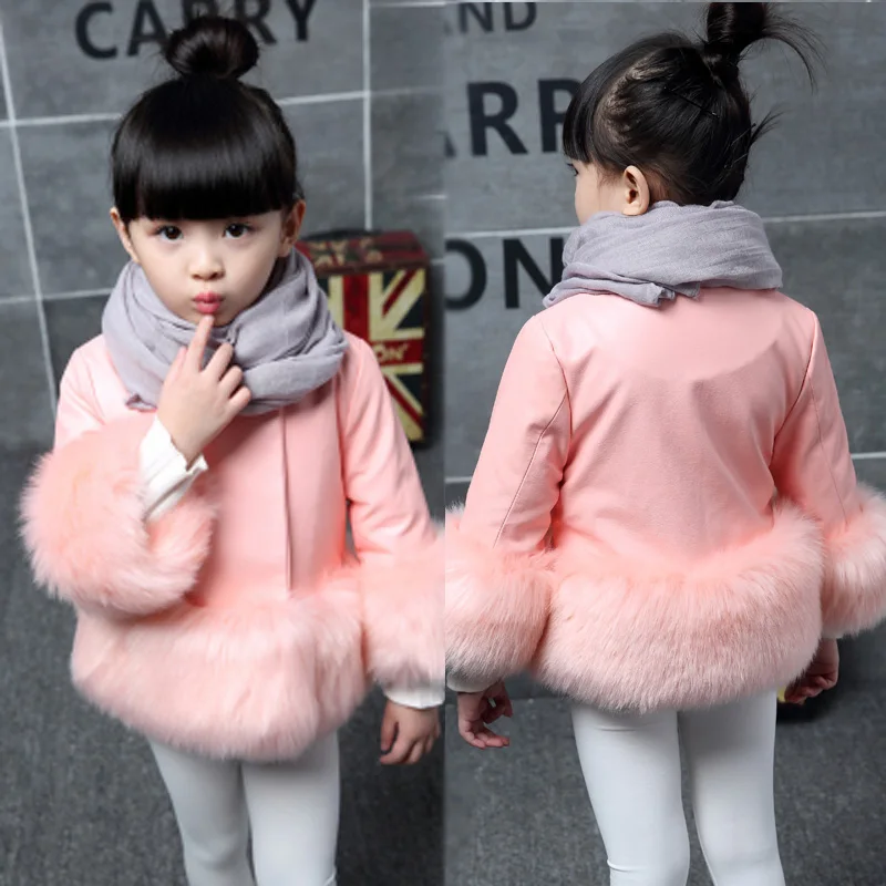 

2017 New Autumn Winter Turtleneck Girls Parka Cotton Padded Fashion Jacket Faux Leather Fur Decoration Girls Clothing 3 Colors