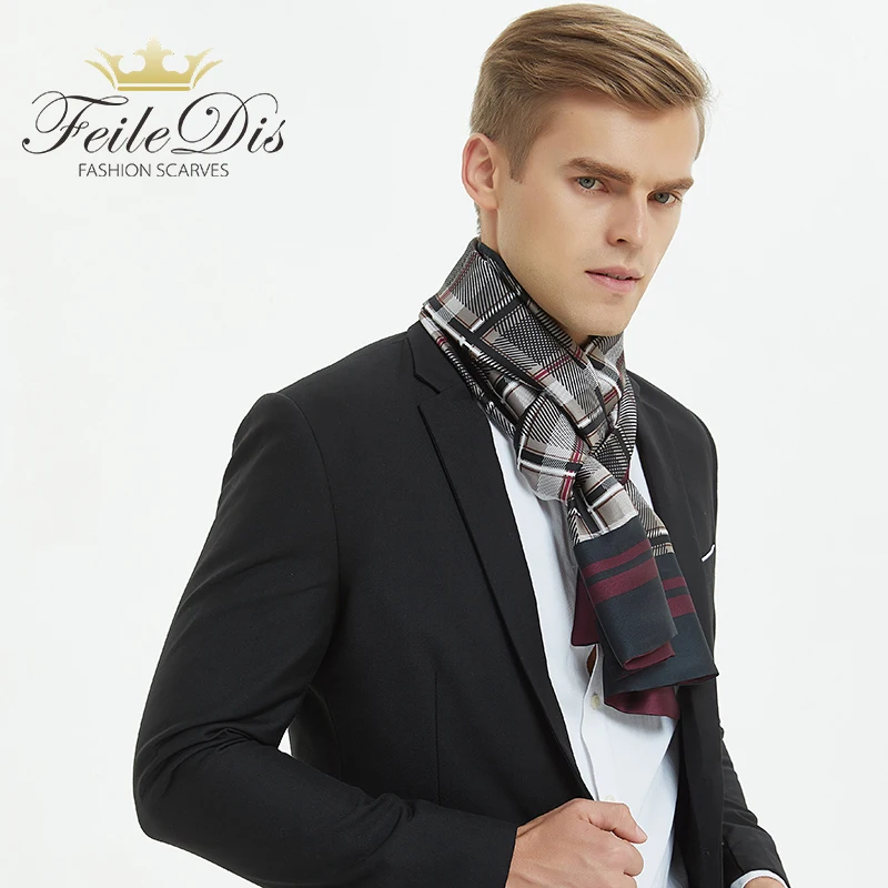 [FEILEDIS]Plaid Men Silk Scarves Fashion Accessories Autumn Winter Male