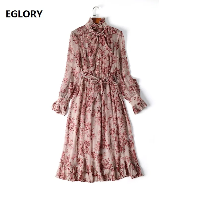 

Top Quality Brand Silk Dress 2019 Spring Summer Tunic Party Women Dresses Bow Collar Charming Floral Print Long Sleeve Dress