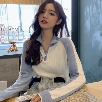 

Zipper Sweater Women Turtleneck Pullover Autumn Female Long Sleeve Knit Pull Jumper Patchwork Slim Chic Crop Tops