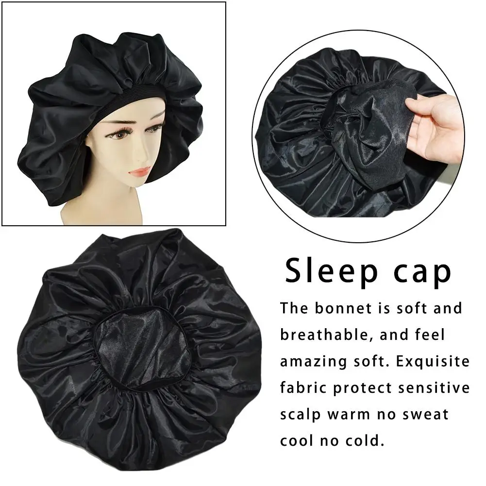 Super Big Size Beauty Salon Cap Satin Bannet Cap Sleep Night Cap Head Cover Bonnet Hat For For Curly Springy Hair Black Color