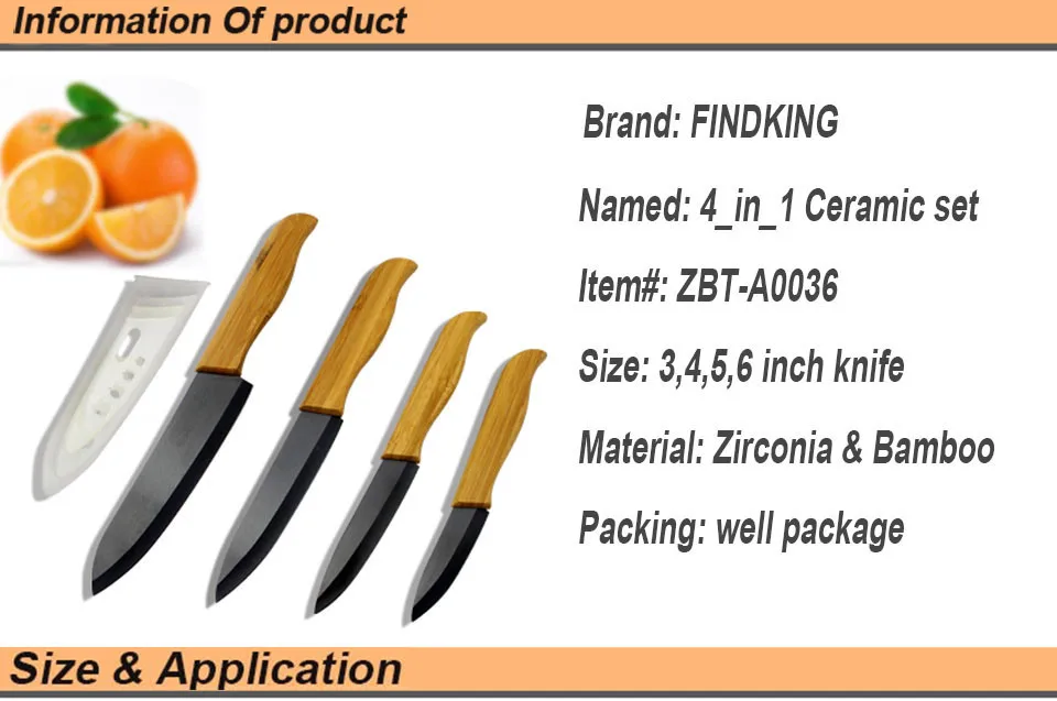FINDKING брендовый высококачественный набор керамических ножей с бамбуковой ручкой и черным лезвием, кухонные ножи " 4" " 6" дюймов+ Чехлы