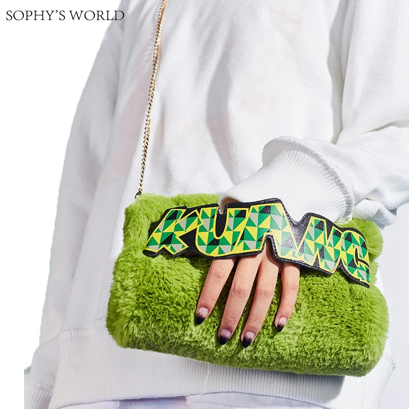 

Personality Letters Fur Women's Handbags Fashion Day Clutch Purse Warm Hand Bag Chains Messenger Bag Ladies Shoulder Bag