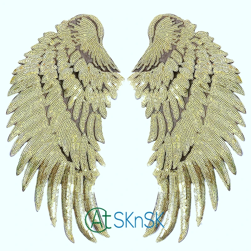 

Angel wing embroidered patch motif appliques clothes decorative accessories DIY gold iron on sew on feather sequined patches