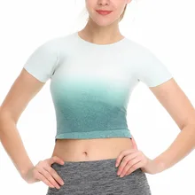 Летняя новая мода Женская Омбре для спорта, зала и йоги фитнес тренировки короткий рукав топы Футболка дышащая быстросохнущая эластичная T#40