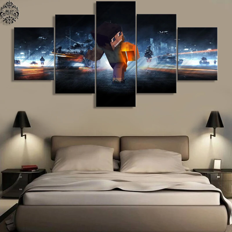 

5 Pieces Canvas Printed Minecraft Battlefield 3 Game Poster Wall Decor Pictures Canvas Painting Home Dceoration Artwork Cuadros