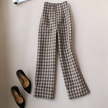 

fashion winter woman lattice casual woolen Wide leg pants length woolen trousers High waist micro-pants casual Straight pants