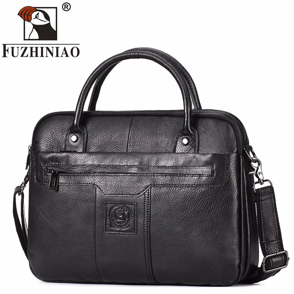 FUZHINIAO 2018 New Fashion Cowhide Male 14' Laptop Commercial Briefcase Real Genuine Leather Vintage Men's Messenger Bag Casual