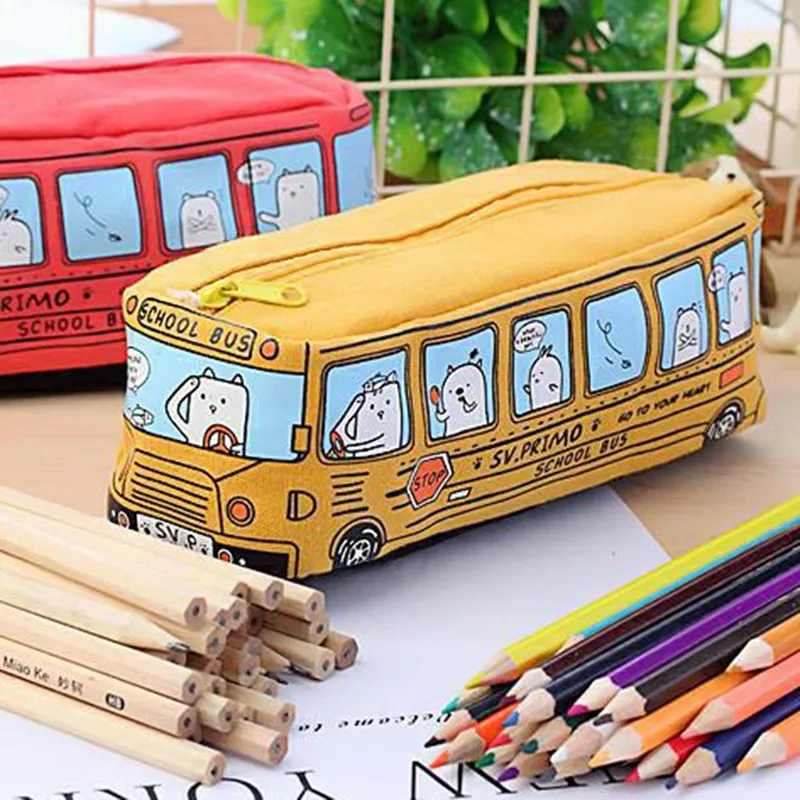 

Cute School Bus Pencil Case Large Capacity Canvas Car Pencil Bag Orange,Red Yellow,Blue Available School Supplies