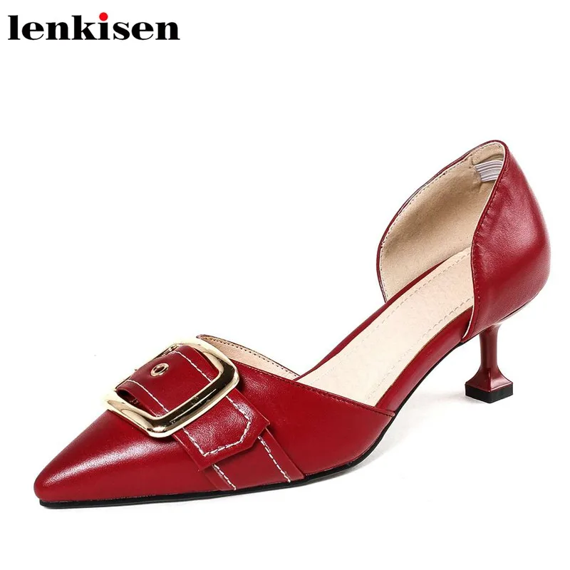 

Lenkisen office lady full grain leather pointed toe slip on summer solid med heel metal buckle decoration runway women pumps L28