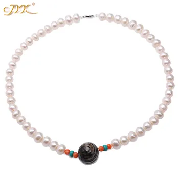 

JYX 2019 Elegant big bead 9-10mm Flatly Round White Cultured Freshwater Pearl Necklace with faced black agate 19.5" for Women