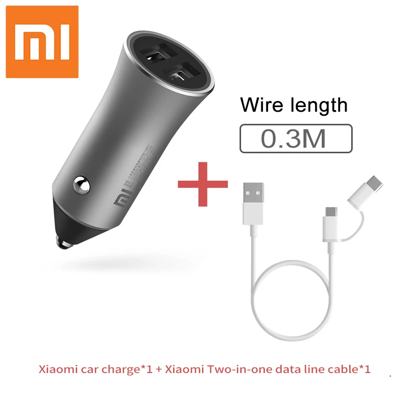 Xiaomi 18 Вт быстро автомобильное зарядное устройство белый светодиодный подскажите светильник мобильный телефон зарядное устройство для быстрой зарядки с двумя выходными портами USB быстрое зарядное устройство для автомобильного зарядного устройства - Цвет: Add 2in1 0.3M cable