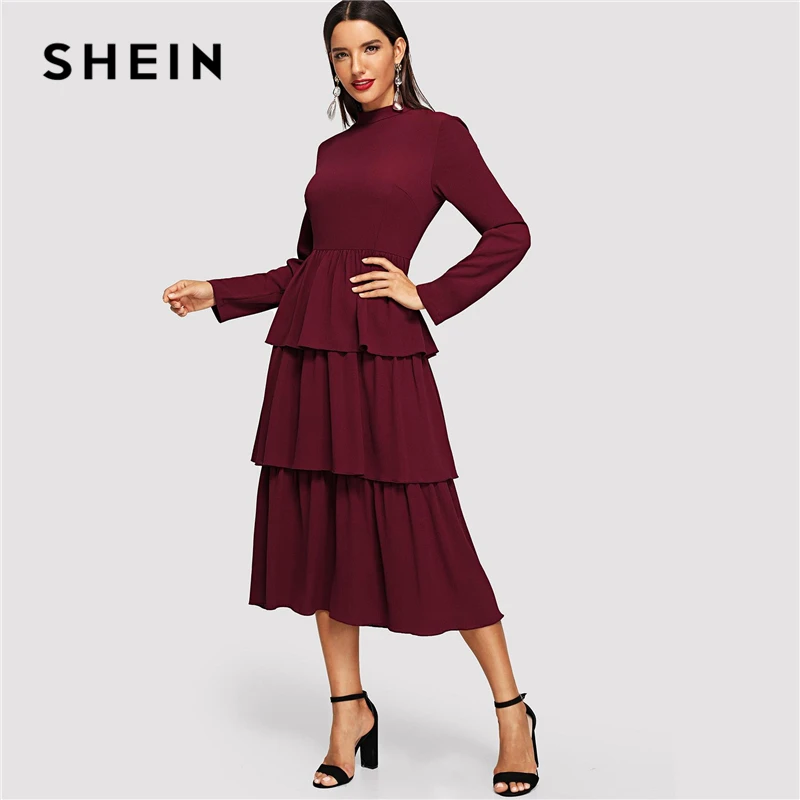SHEIN Burgundy Tiered Layer Ruffle Mock Neck Solid Dress Elegant Fit and Flare High Waist ...