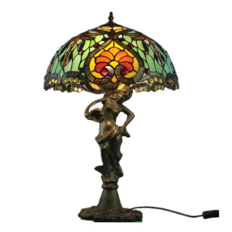 

16" Handmade Art Tiffany Colorful Green Glass Table Lamp for Foyer Apartment bar Bed Room Reading Lighting H 65cm 1024