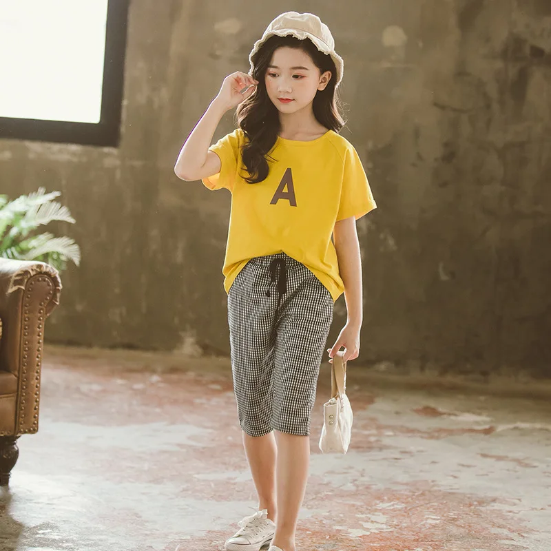 

Girls Summer Outfits Teenage Letter A O-NeckT-shirt with Plaid Shorts Active Casual Clothes Set Summer 2019 Children Clothing