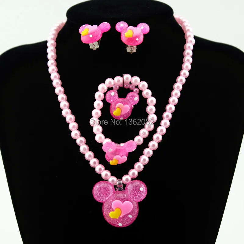 

Baby Girl Lovely Imitation Pearls Cartoon Cute mouse Necklace/Bracelet/Ring/Earrings Children Kids Jewelry Set Xmas Gift TZ58