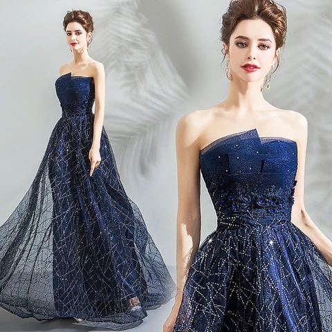 Nobre sem Alças Vestido de Baile Personalidade Vestido Noble Estrelado Azul Galáxia Sentimento Escuro 139 Céu