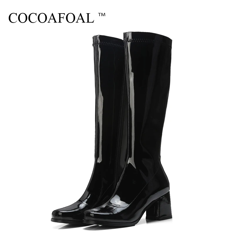 

COCOAFOAL Winter Women's Knee High Boots Woman Black Purple Blue Boots Patent Leather Woman Shoes Thigh High Boots Fashion 2018