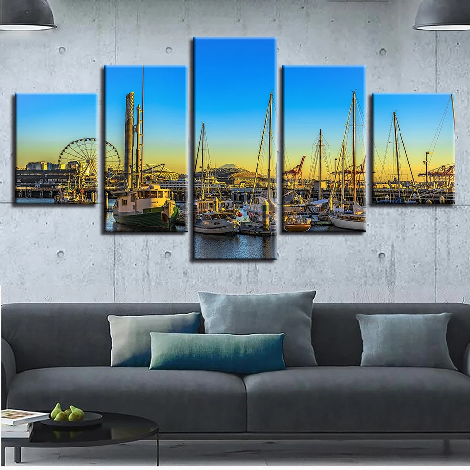 

Wall Art HD Printing Home Decor 5 Pieces Ferris Wheel And Ship Harbor Landscape Canvas Paintings Modular Posters Frames Picture