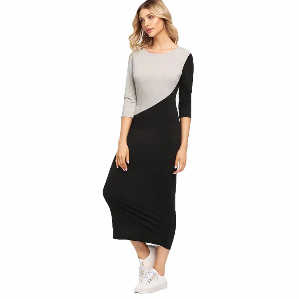Big Sale Women Casual Dress 2018 Contrast Color Half Sleeve Bodycon Dress Female O Neck Autumn Long Dresses Vestido 10061# (5)