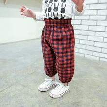 Модные Повседневные хлопковые длинные штаны-шаровары для маленьких девочек; повседневные широкие брюки в клетку с высокой талией для девочек; одежда для детей