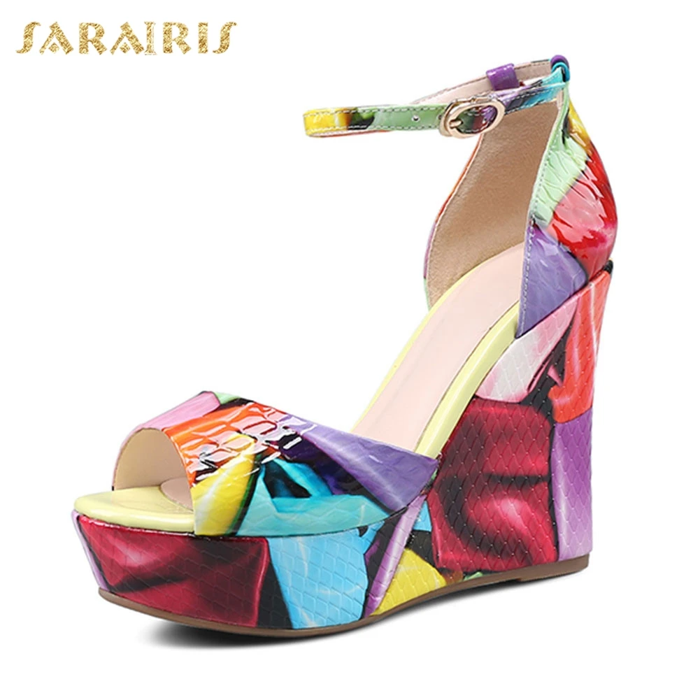 

Sarairis New Big Size 33-40 Genuine Leather Ladies Wedges High Heels Platform Print Shoes Woman Casual Party Summer Sandals