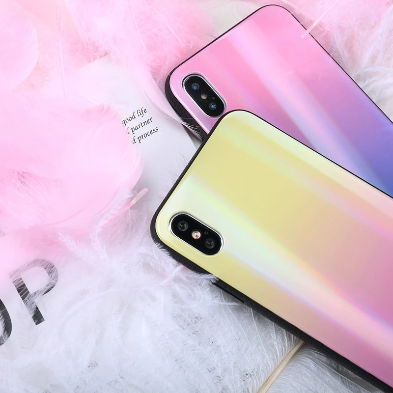 BONVAN For iPhone X 7 8 Plus Tempered Glass Back Case Gradient Color Laser Aurora Silicone Bumper For iPhone 7 6S 8 6 Plus Cover09
