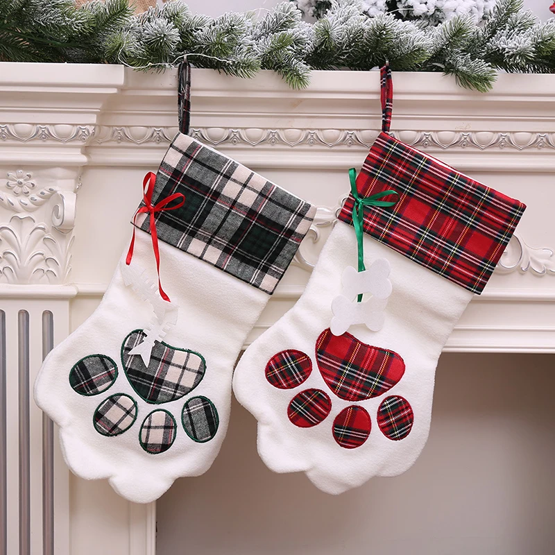 2018 Merry Christmas Gift Bags Pet Dog Cat Paw Plaid Stocking Socks