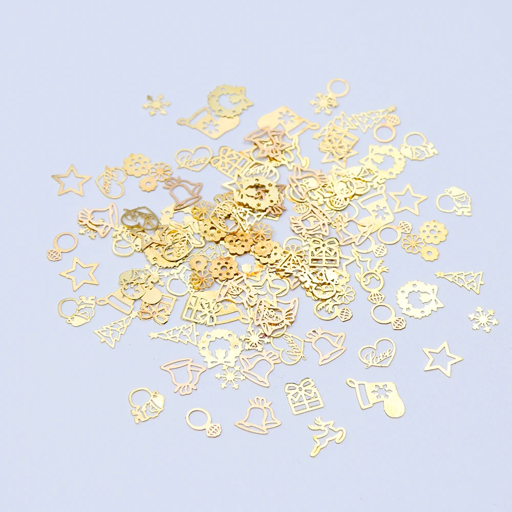 Рождественские украшения для ногтей, аксессуары, 3D золотые блестки, коробка, смешанный дизайн, кольцо, колокольчик, лось, снежинка, металлические хлопья, блестящие наконечники, набор, SA708