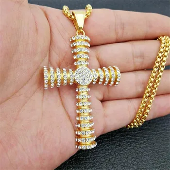 

Vintage Christian Jesus Cross Pendant Necklace For Men Gold Color Stainless Steel Iced Out Full Rhinestones Bling Jewelry