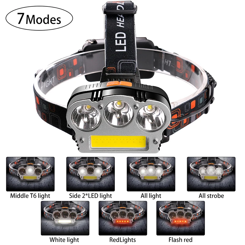 

High-beam Rechargeable 7 Modes Headlamp Working Outdoors Camping Hiking Red & White T6 COB flashlight for 18650